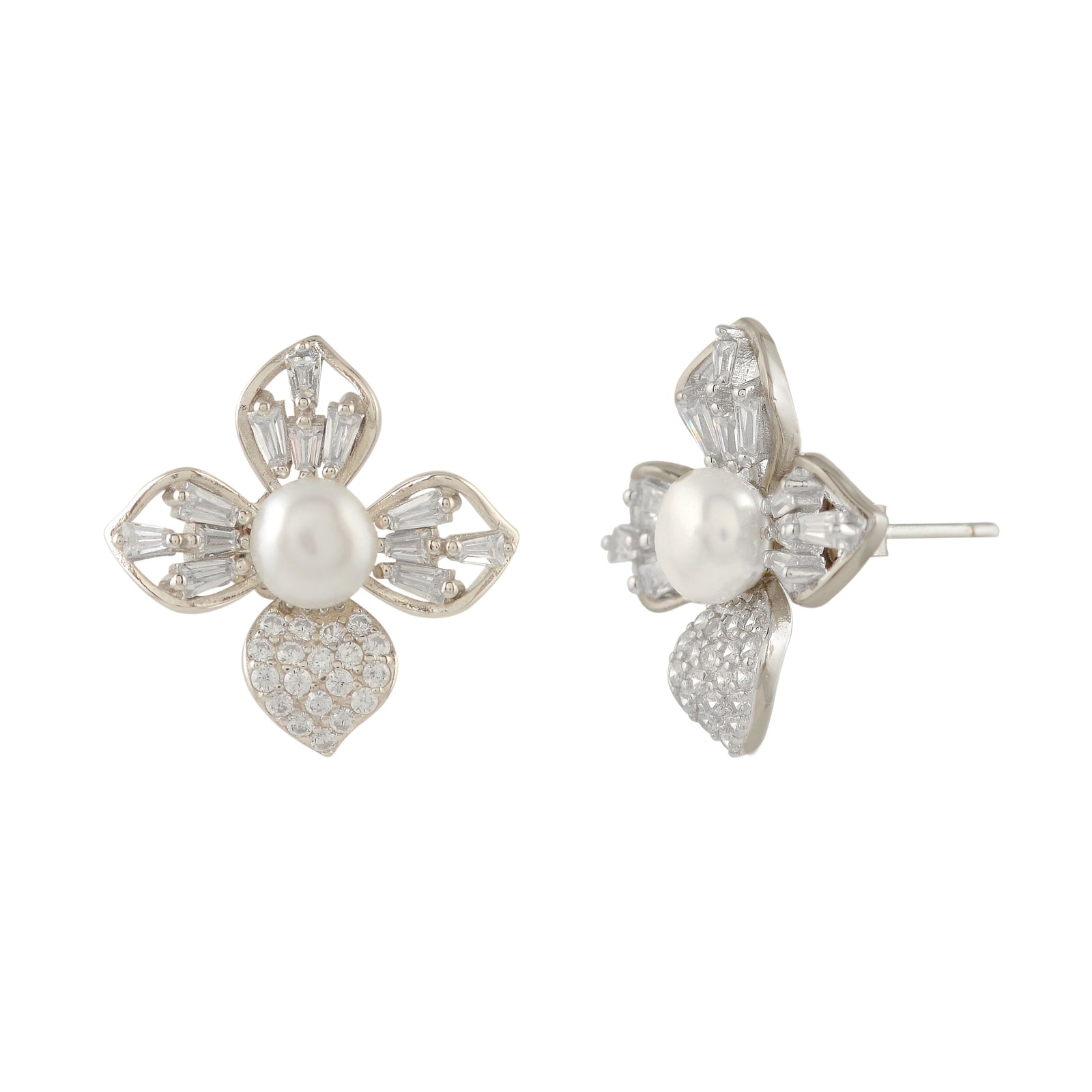 Pearl stud earrings in jasmine petal style.