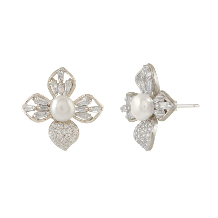 Pearl stud earrings in jasmine petal style.