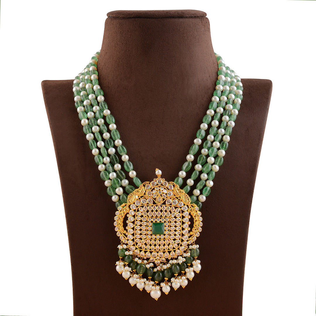 Four Line Beads Necklace With Gold Pendant - Krishna Jewellers Pearls and Gems