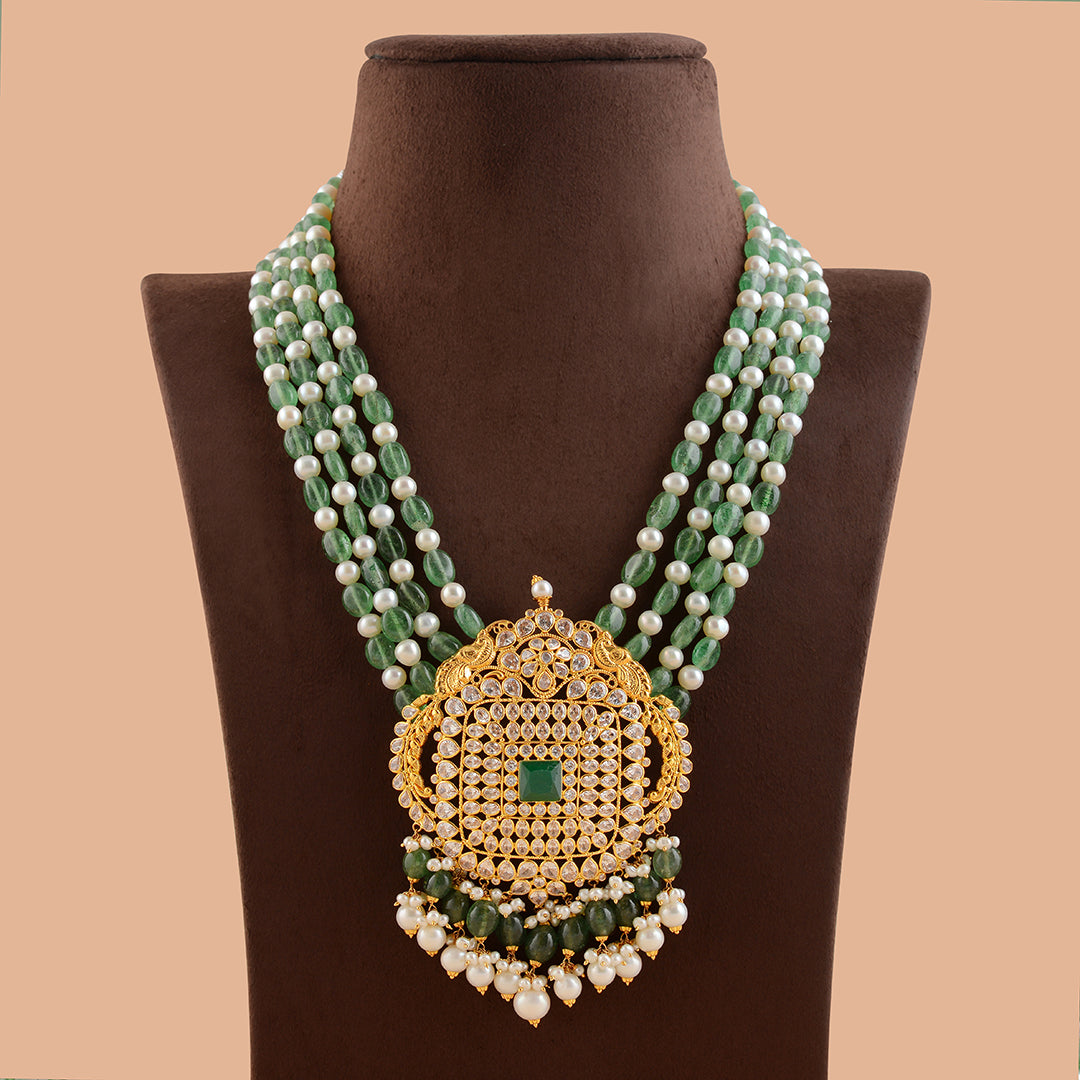 Four Line Beads Necklace With Gold Pendant - Krishna Jewellers Pearls and Gems
