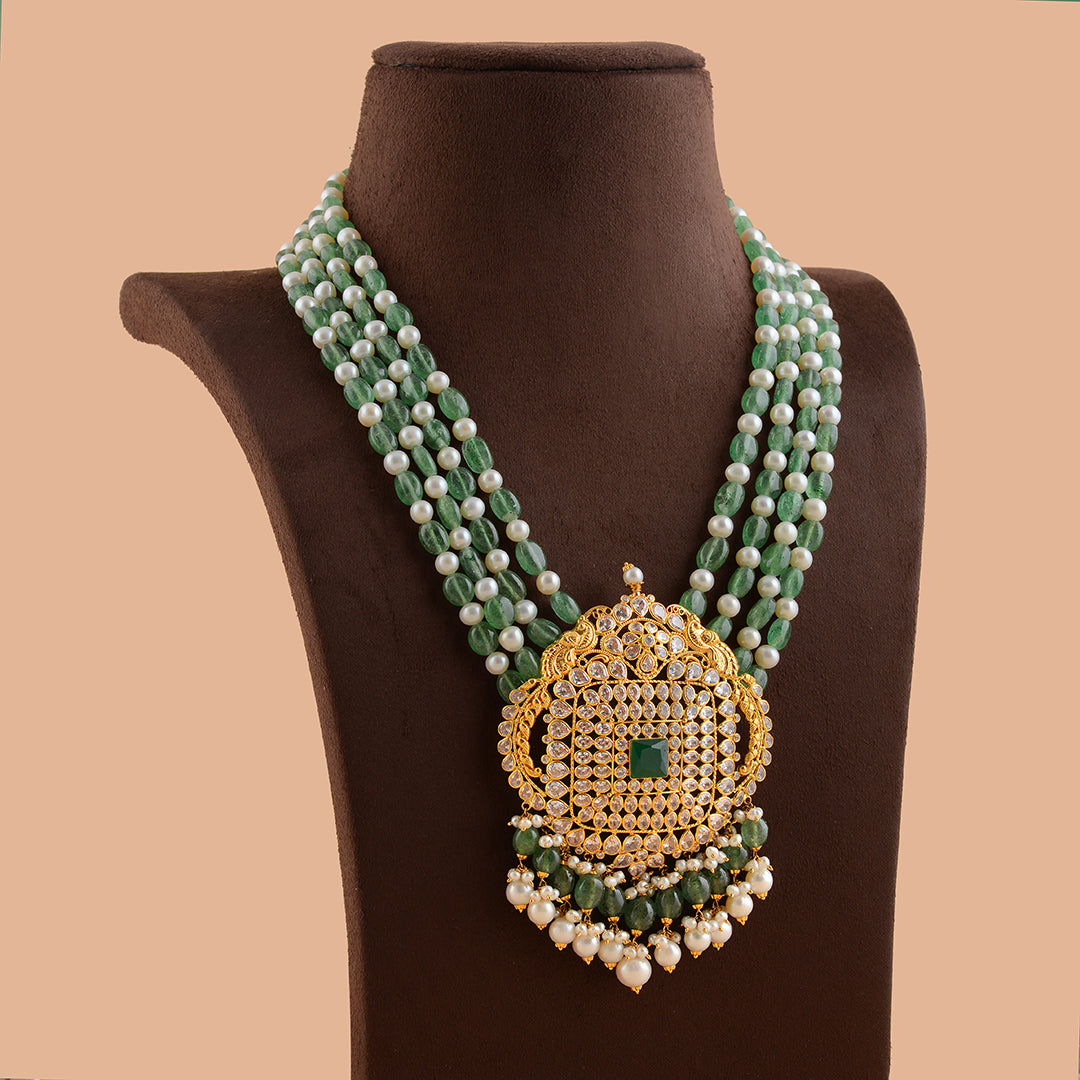 Four Line Beads Necklace With Gold Pendant - Krishna Jewellers Pearls and Gems