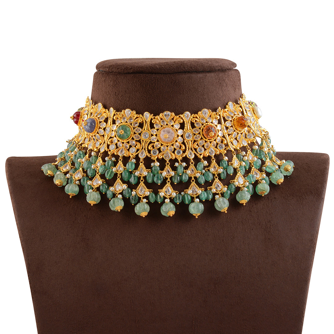 Elegant Gold Pearl Navaratna Choker - Krishna Jewellers Pearls and Gems