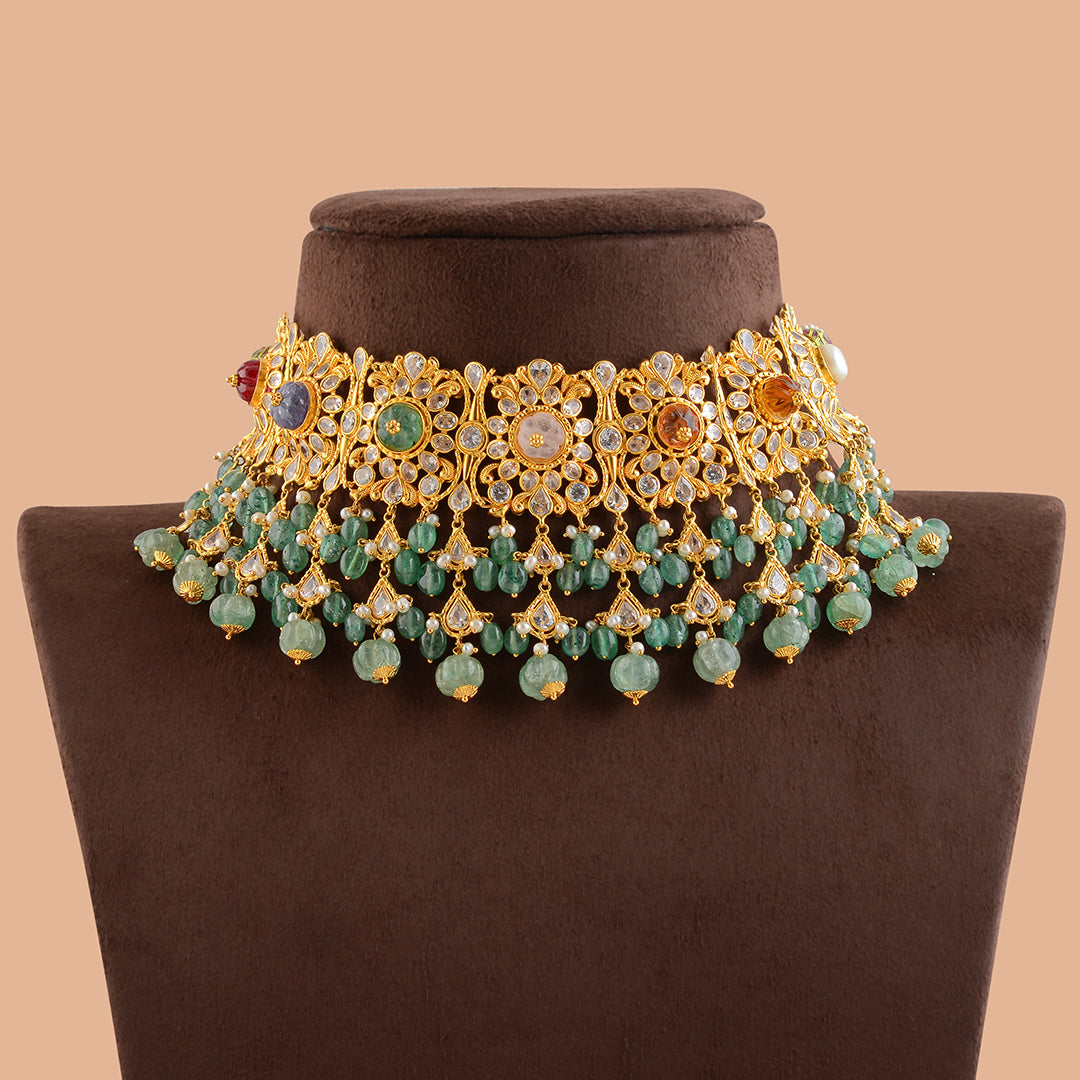 Elegant Gold Pearl Navaratna Choker - Krishna Jewellers Pearls and Gems