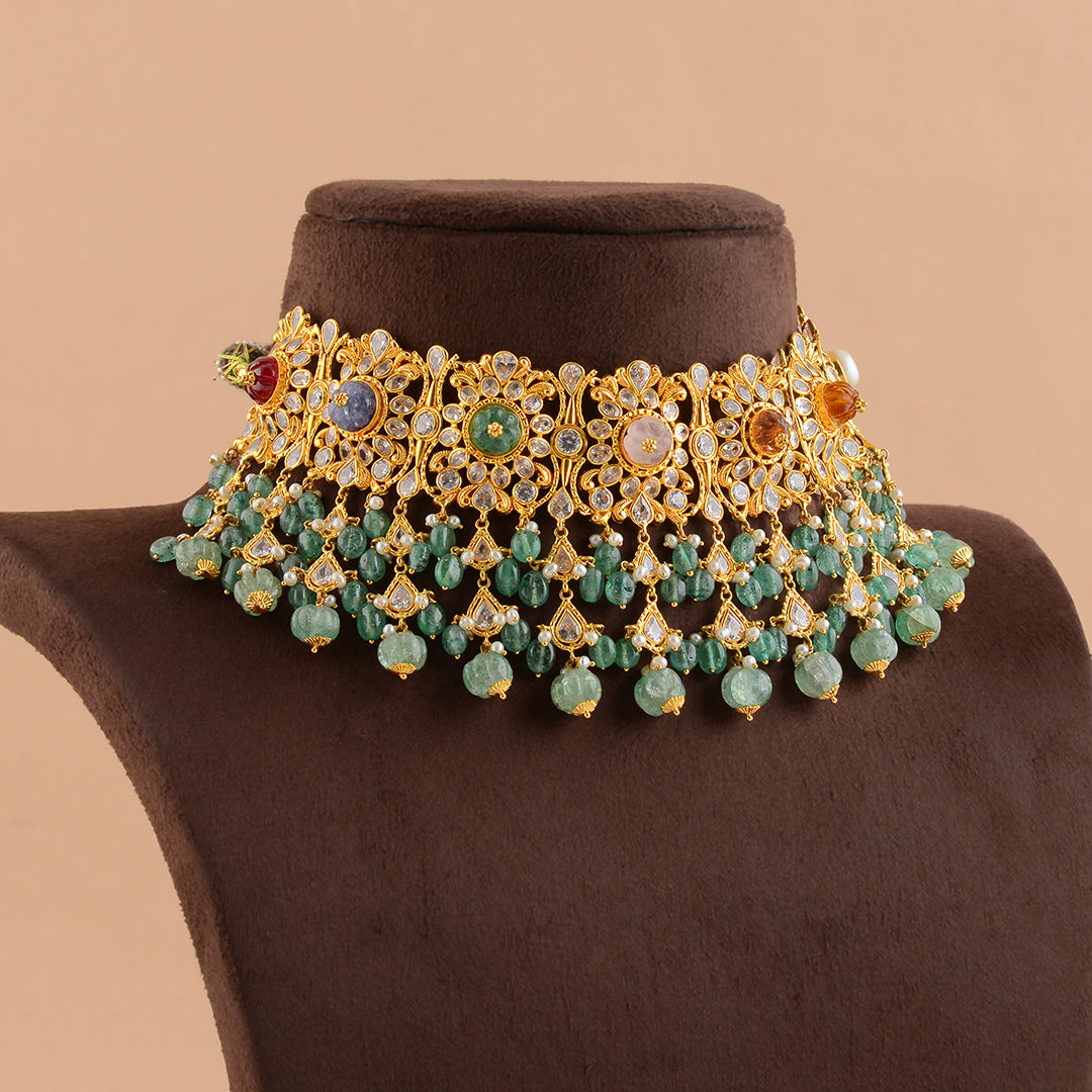 Elegant Gold Pearl Navaratna Choker - Krishna Jewellers Pearls and Gems