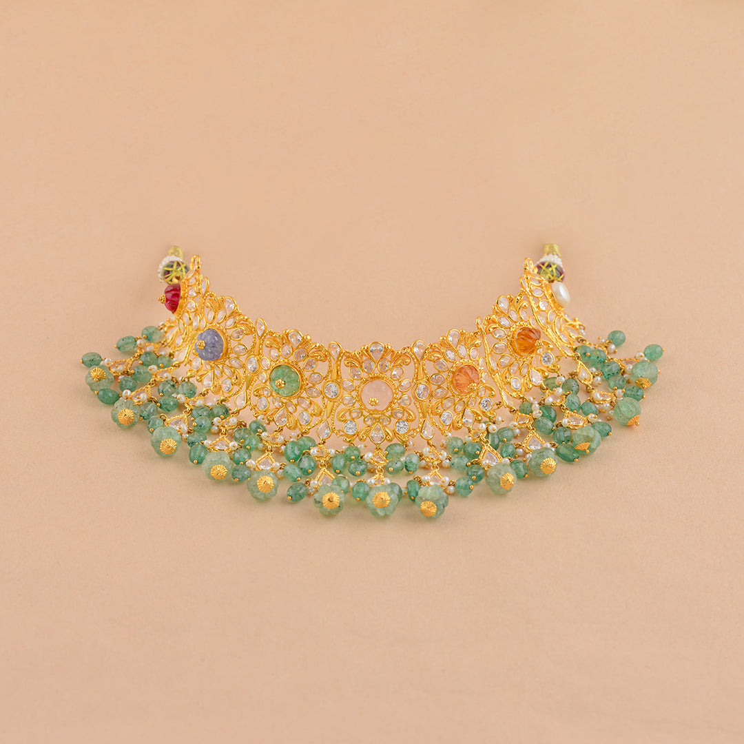 Elegant Gold Pearl Navaratna Choker - Krishna Jewellers Pearls and Gems