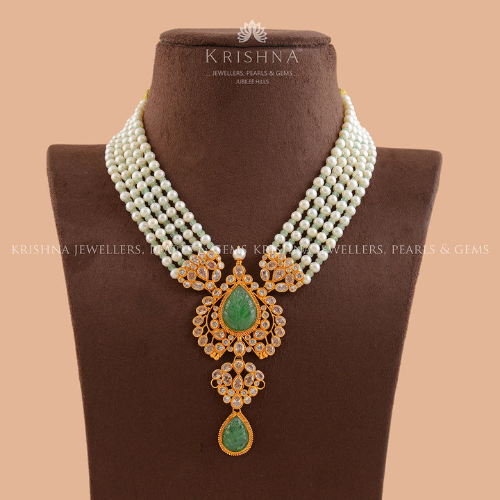 Gold Pearl Rani Haar Necklace With Leaf Pendant - Krishna Jewellers Pearls and Gems