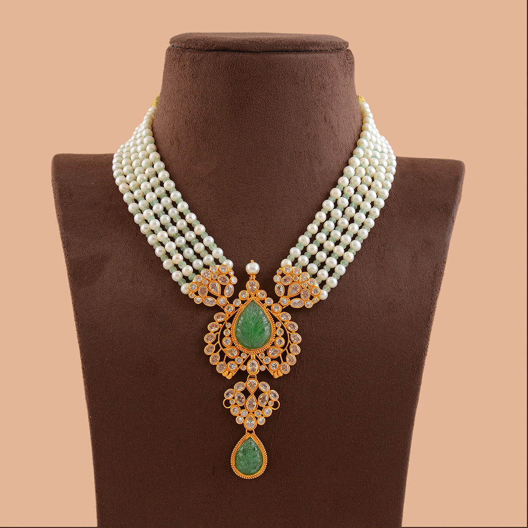 Gold Pearl Rani Haar Necklace With Leaf Pendant