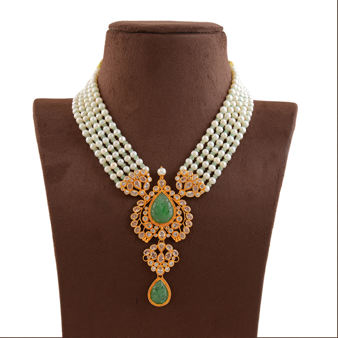Gold Pearl Rani Haar Necklace With Leaf Pendant - Krishna Jewellers Pearls and Gems
