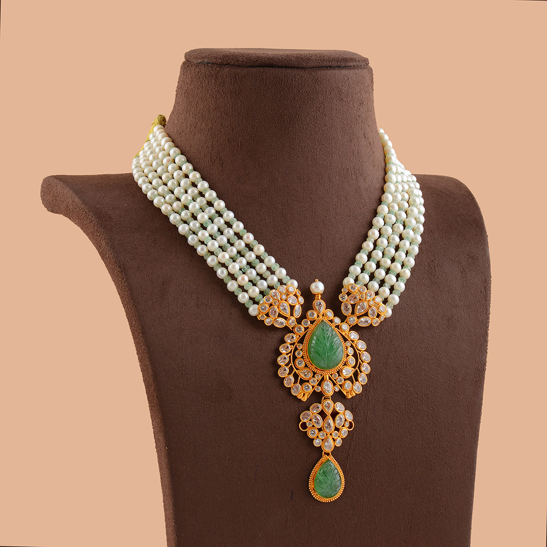 Gold Pearl Rani Haar Necklace With Leaf Pendant - Krishna Jewellers Pearls and Gems