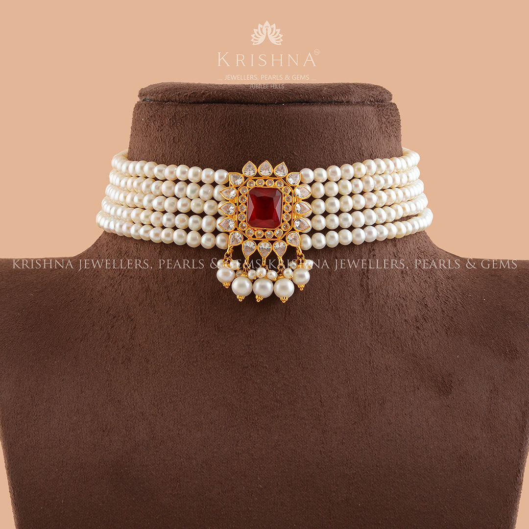 Gold Pearl With Ruby Choker Necklace - Krishna Jewellers Pearls and Gems