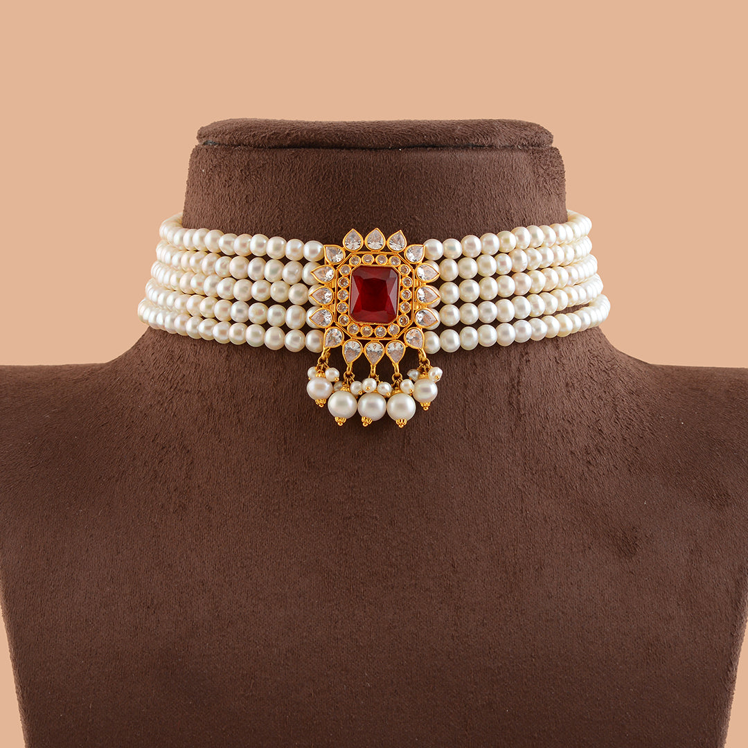 Gold Pearl With Ruby Choker Necklace - Krishna Jewellers Pearls and Gems