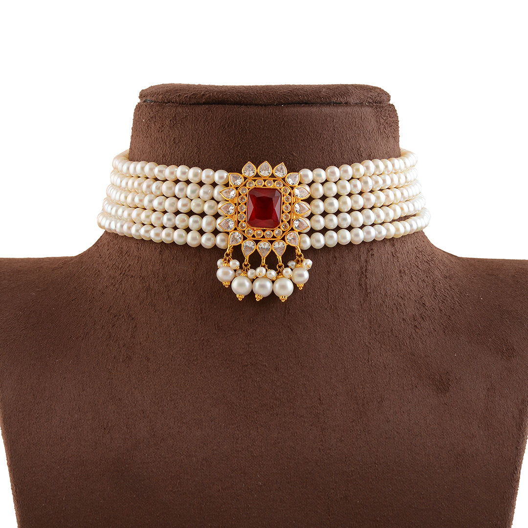 Gold Pearl With Ruby Choker Necklace - Krishna Jewellers Pearls and Gems