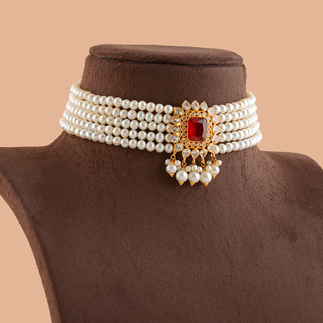 Gold Pearl With Ruby Choker Necklace - Krishna Jewellers Pearls and Gems