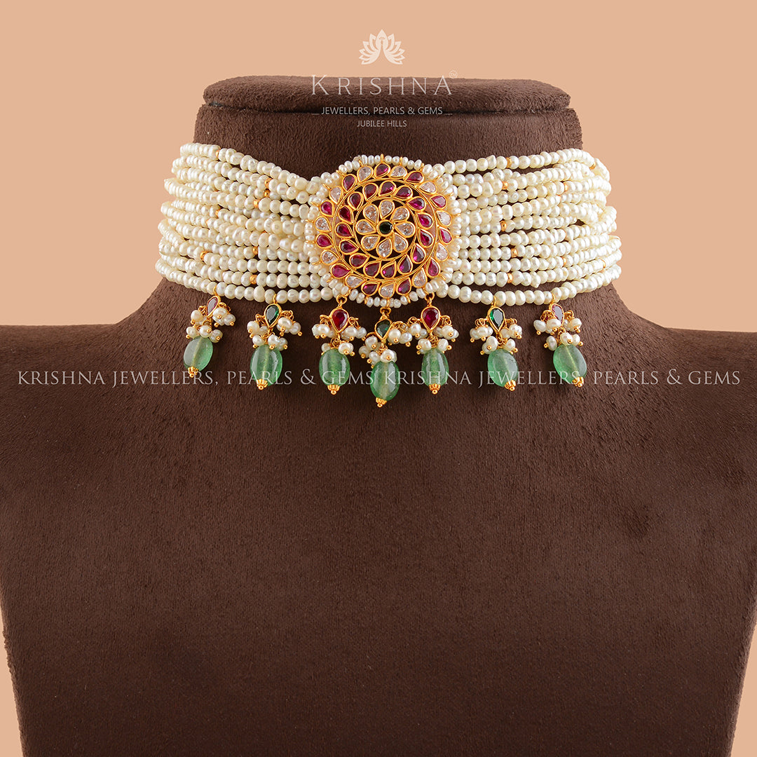 Trifling Gold Pearl Choker Necklace - Krishna Jewellers Pearls and Gems