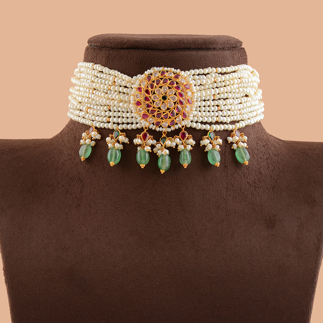 Trifling Gold Pearl Choker Necklace - Krishna Jewellers Pearls and Gems