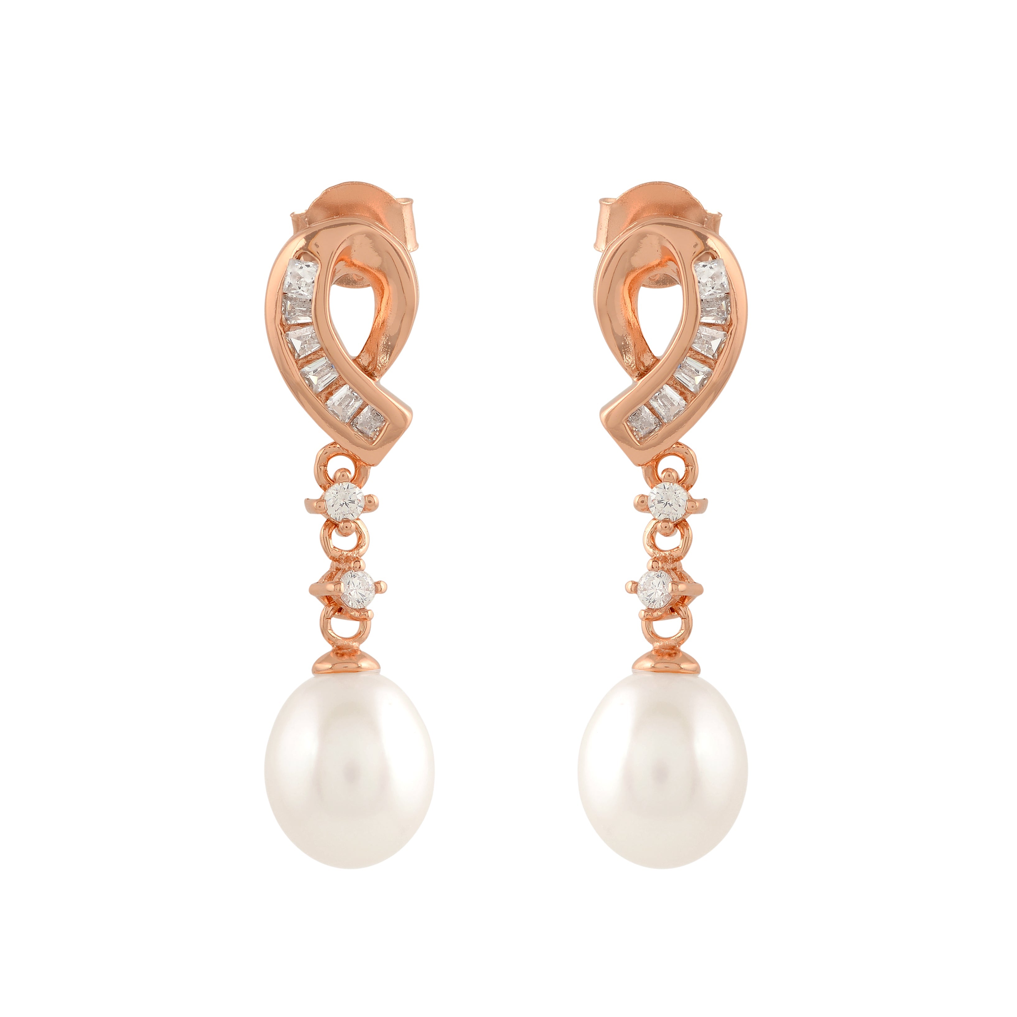 rose gold s-shaped stud with freshwater pearl
