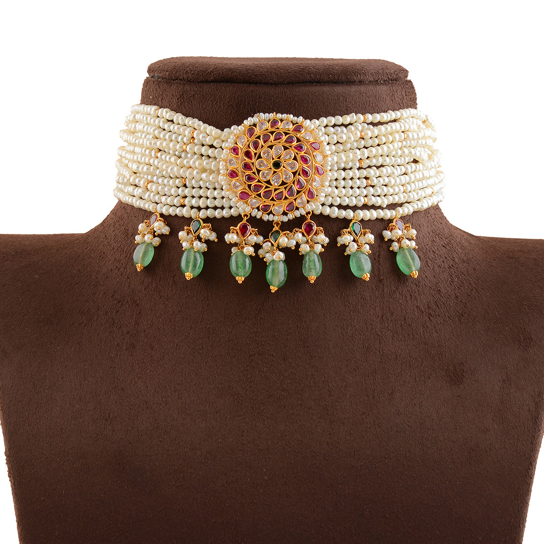 Trifling Gold Pearl Choker Necklace - Krishna Jewellers Pearls and Gems
