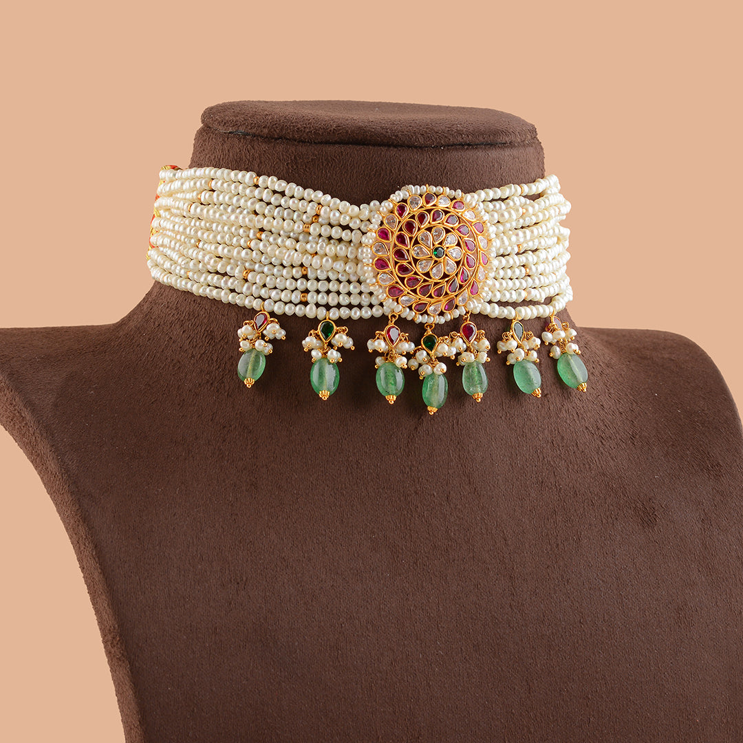 Trifling Gold Pearl Choker Necklace - Krishna Jewellers Pearls and Gems