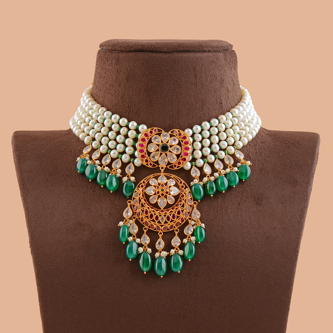 Designer Five Layer Gold Pearl Necklace - Krishna Jewellers Pearls and Gems