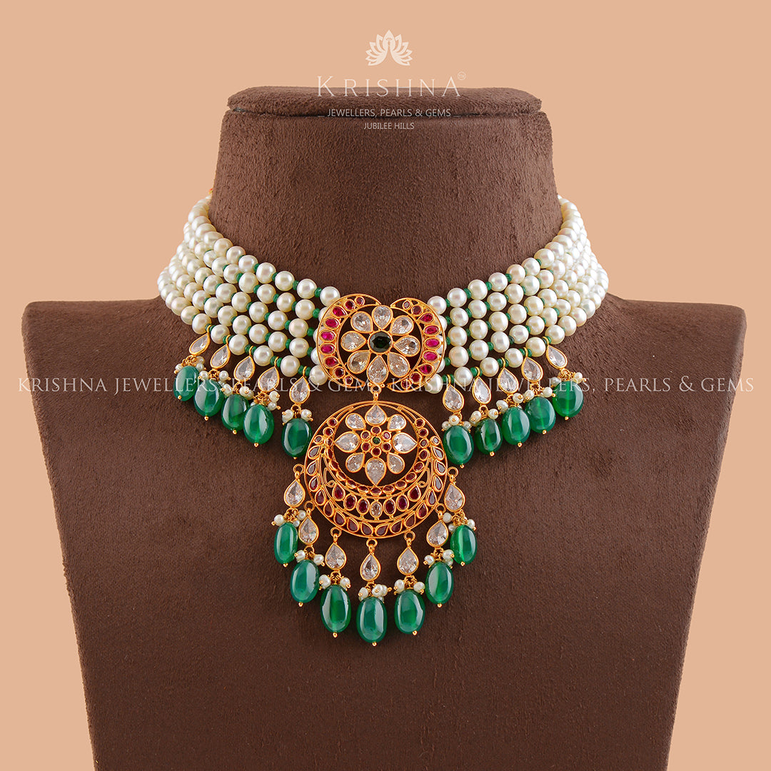 Designer Five Layer Gold Pearl Necklace - Krishna Jewellers Pearls and Gems