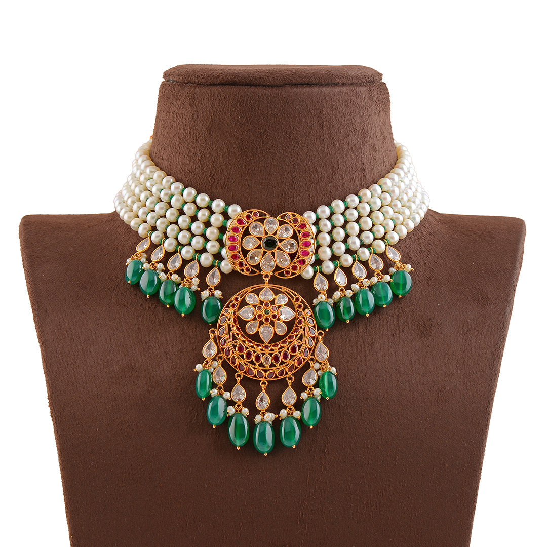 Designer Five Layer Gold Pearl Necklace - Krishna Jewellers Pearls and Gems