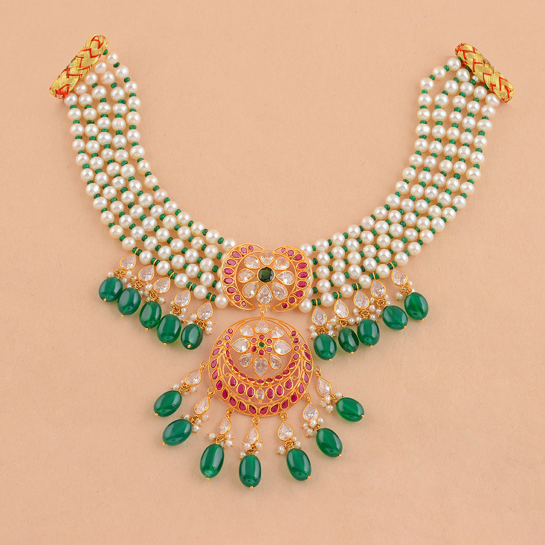 Designer Five Layer Gold Pearl Necklace - Krishna Jewellers Pearls and Gems