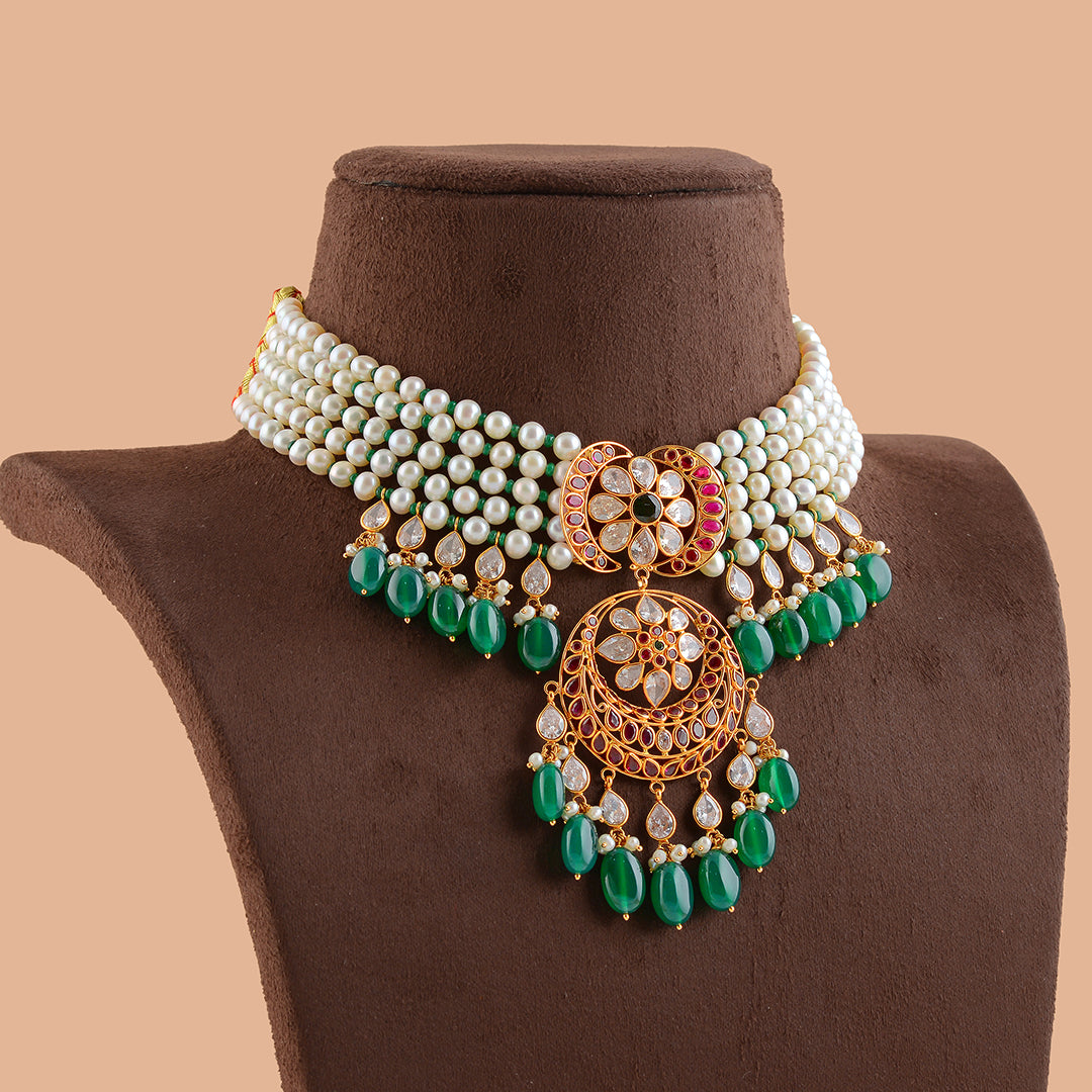 Designer Five Layer Gold Pearl Necklace - Krishna Jewellers Pearls and Gems