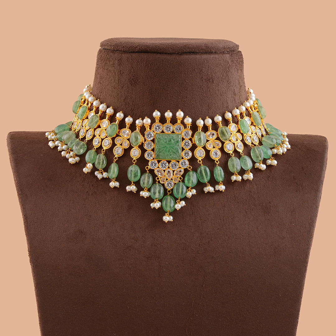 Gold Pearl Short Necklace With Beads And Cz - Krishna Jewellers Pearls and Gems