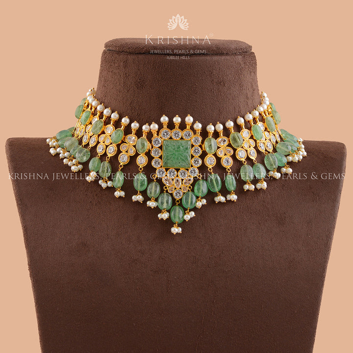 Gold Pearl Short Necklace With Beads And Cz - Krishna Jewellers Pearls and Gems