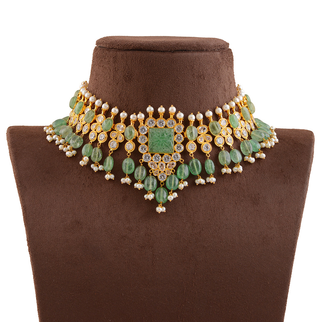 Gold Pearl Short Necklace With Beads And Cz - Krishna Jewellers Pearls and Gems