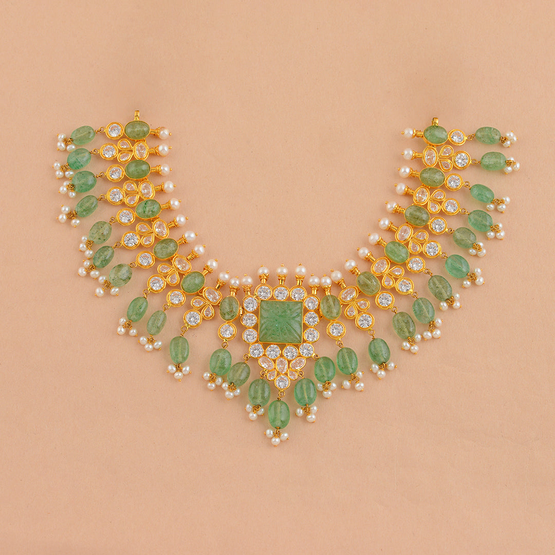 Gold Pearl Short Necklace With Beads And Cz - Krishna Jewellers Pearls and Gems