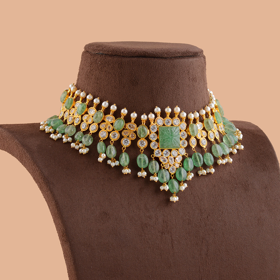 Gold Pearl Short Necklace With Beads And Cz - Krishna Jewellers Pearls and Gems