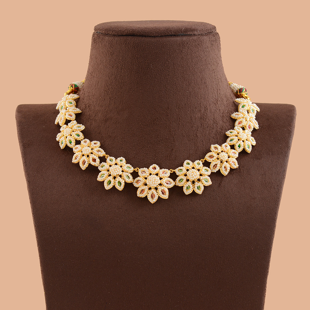 Exotic  Gold Kakamoti Necklace in Floral Motif - Krishna Jewellers Pearls and Gems