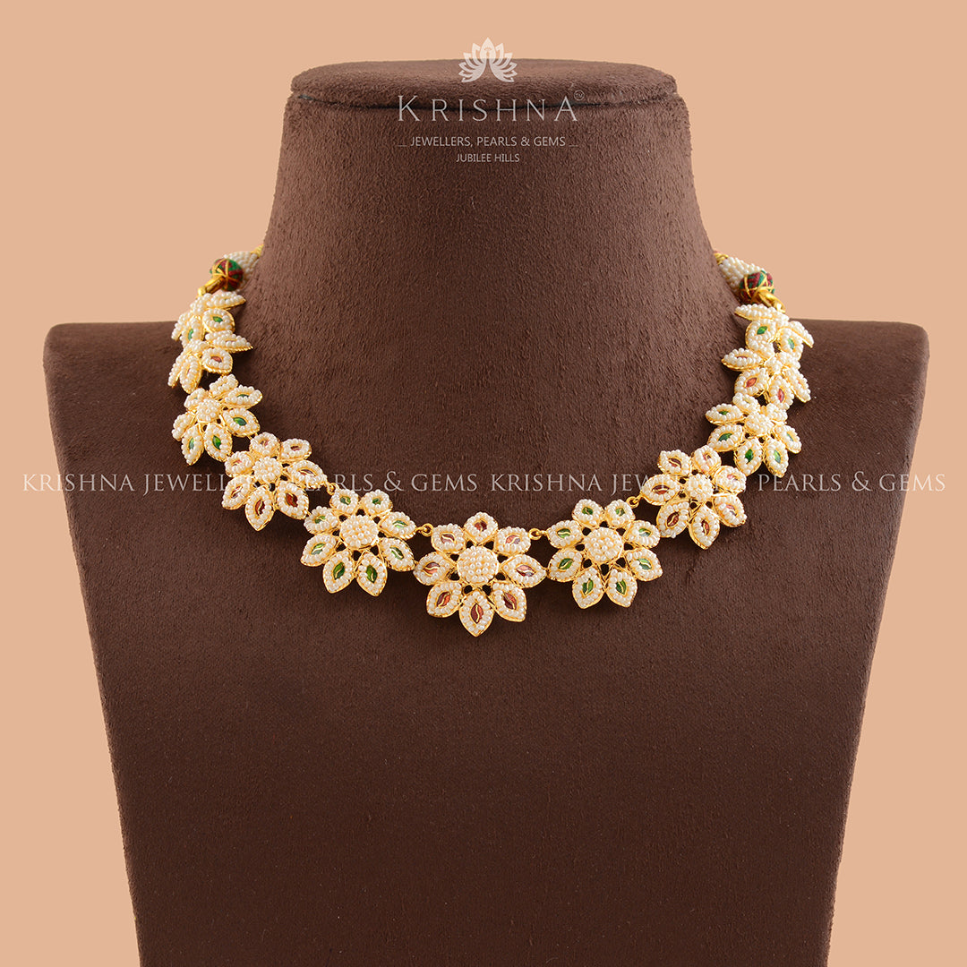 Exotic  Gold Kakamoti Necklace in Floral Motif - Krishna Jewellers Pearls and Gems