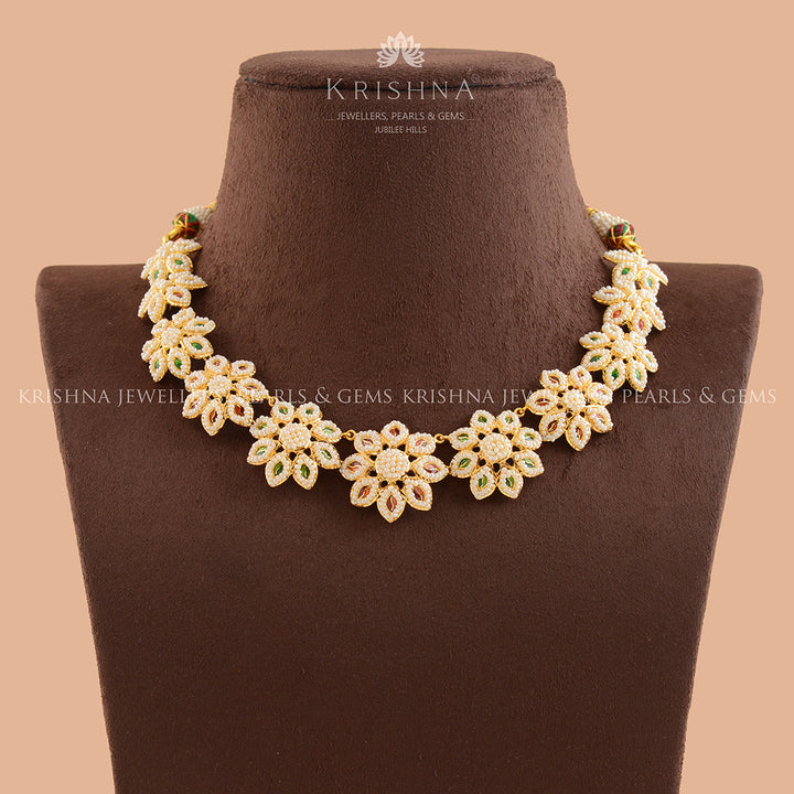 Exotic  Gold Kakamoti Necklace in Floral Motif - Krishna Jewellers Pearls and Gems