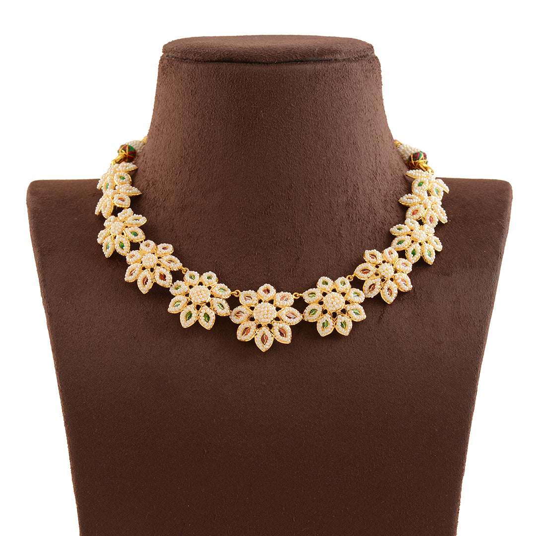 Exotic  Gold Kakamoti Necklace in Floral Motif - Krishna Jewellers Pearls and Gems