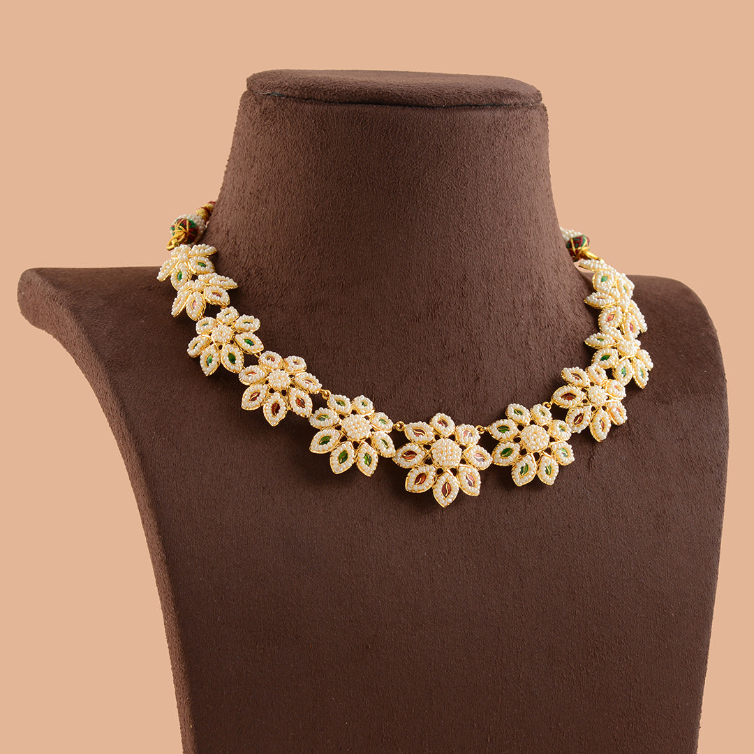 Exotic  Gold Kakamoti Necklace in Floral Motif - Krishna Jewellers Pearls and Gems