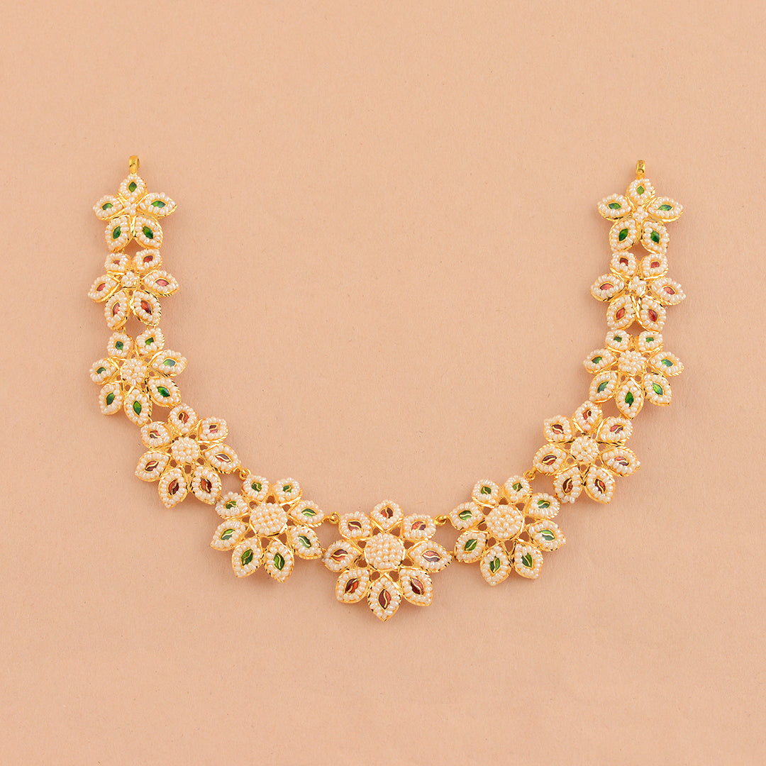 Exotic  Gold Kakamoti Necklace in Floral Motif - Krishna Jewellers Pearls and Gems