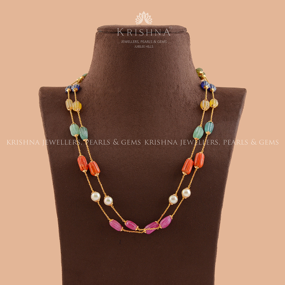 Auric Navaratna Beads Gold  Necklace - Krishna Jewellers Pearls and Gems