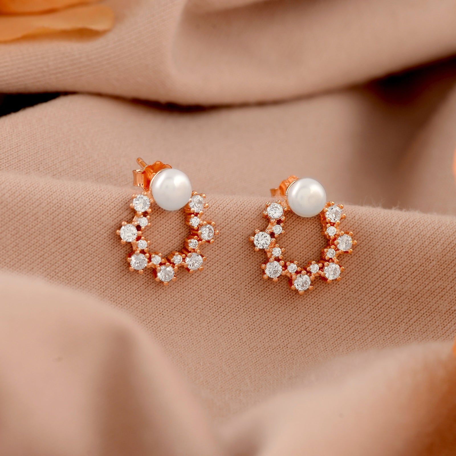 Floréa Pearl Halo Studs (Pearl & CZ Stud Earrings in Gold Finish)