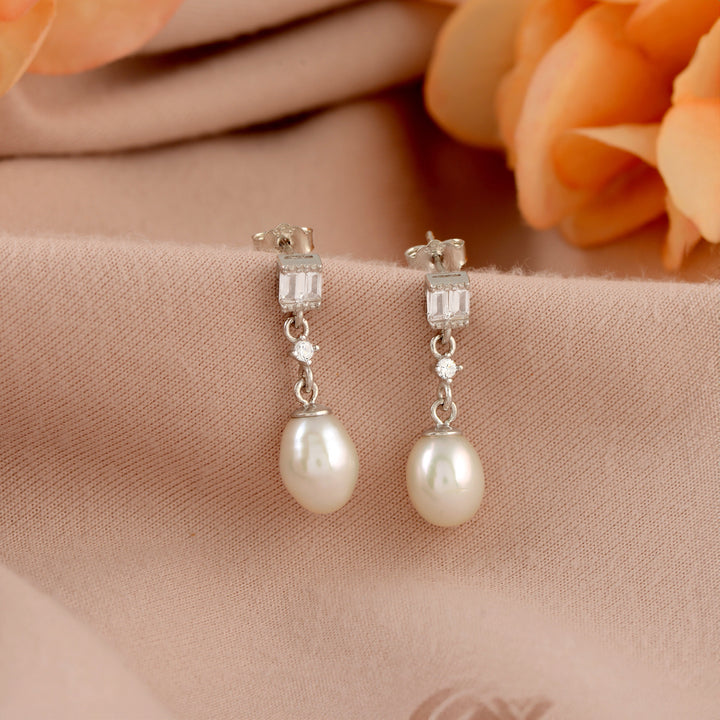 Rectangle shape stud with pearl drop