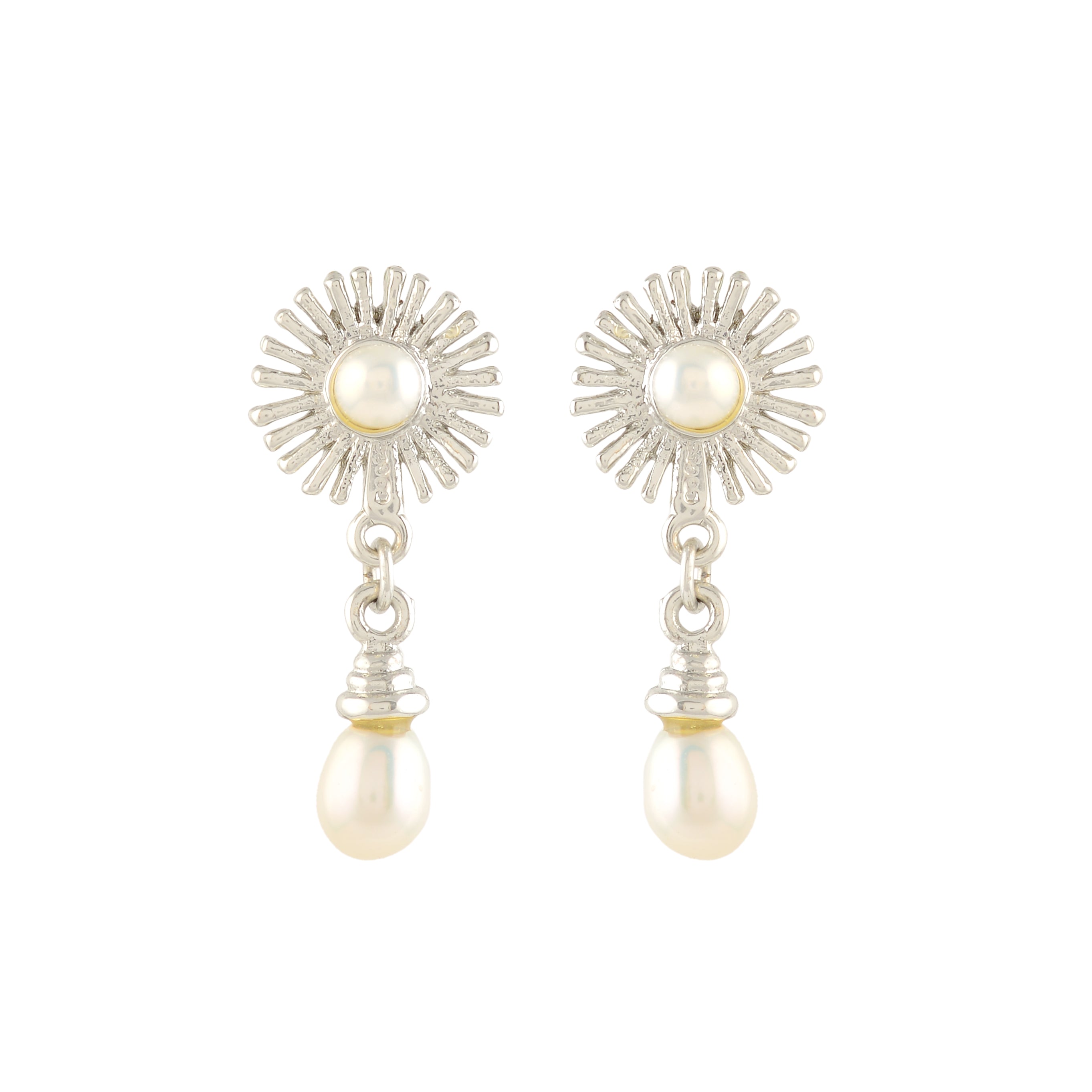 White Pearl & CZ Flower Silver Stud Earrings