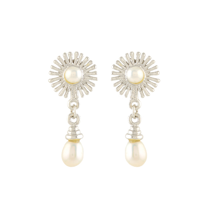 White Pearl & CZ Flower Silver Stud Earrings