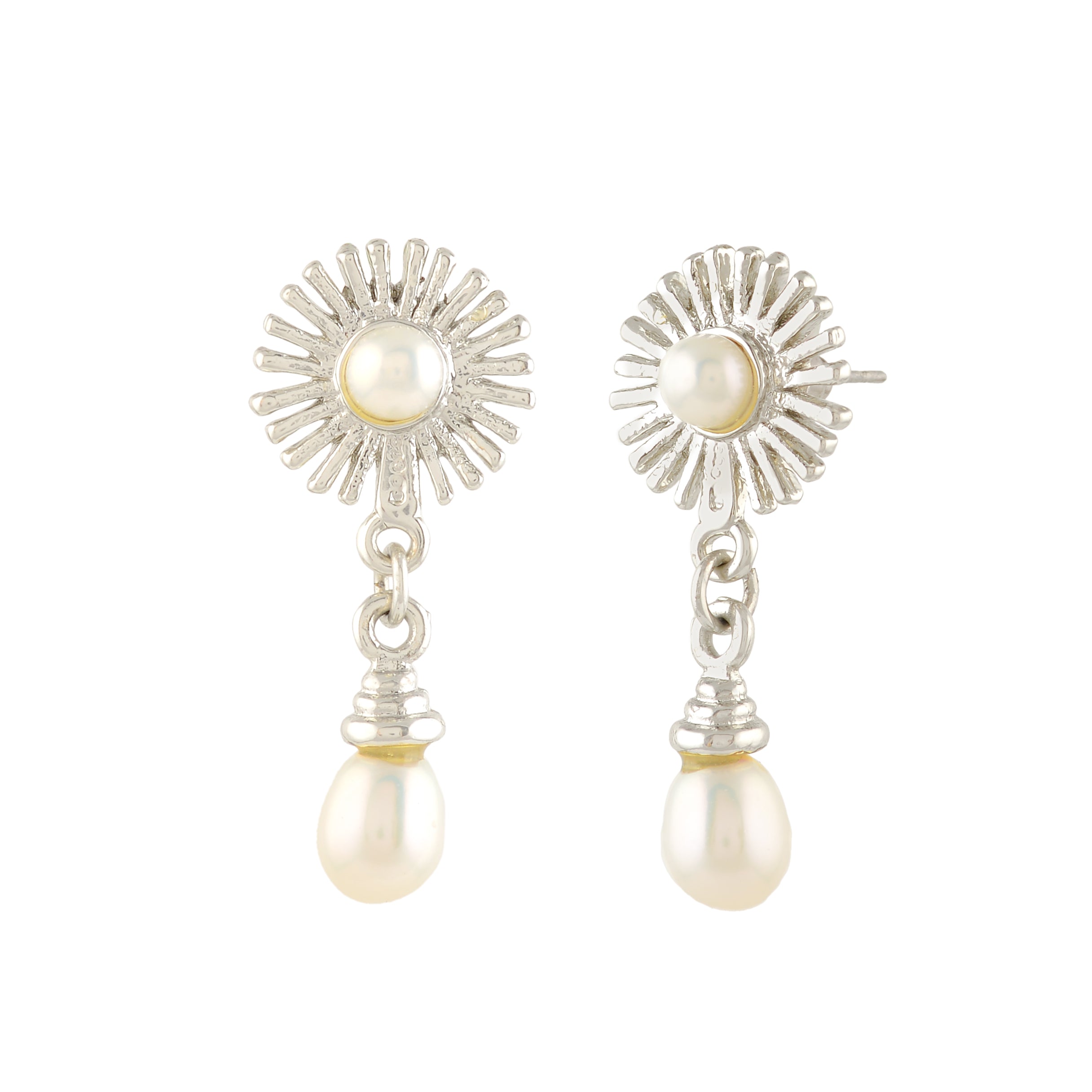 White Pearl & CZ Flower Silver Stud Earrings