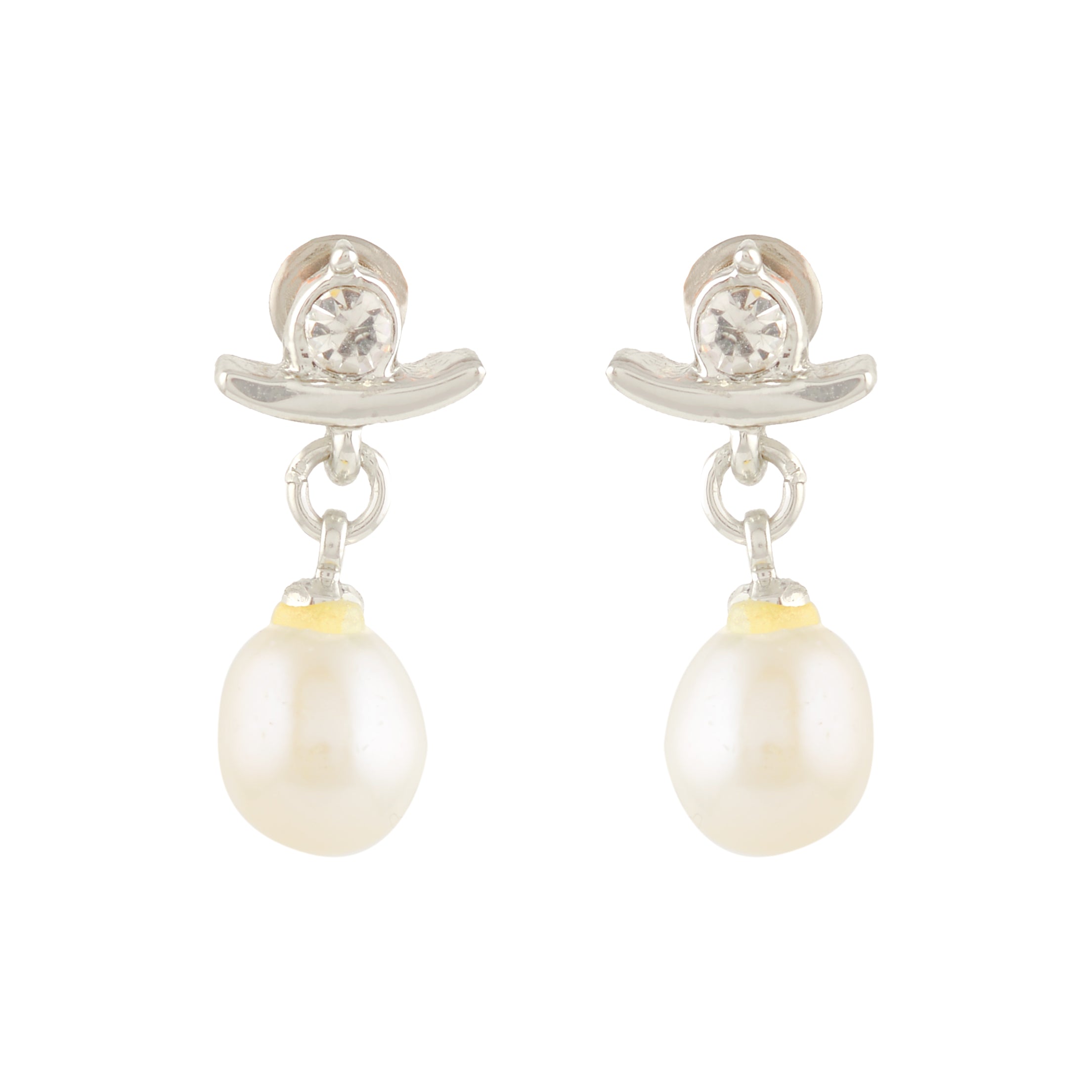 White Pearl & Stone Curved Drop Earrings