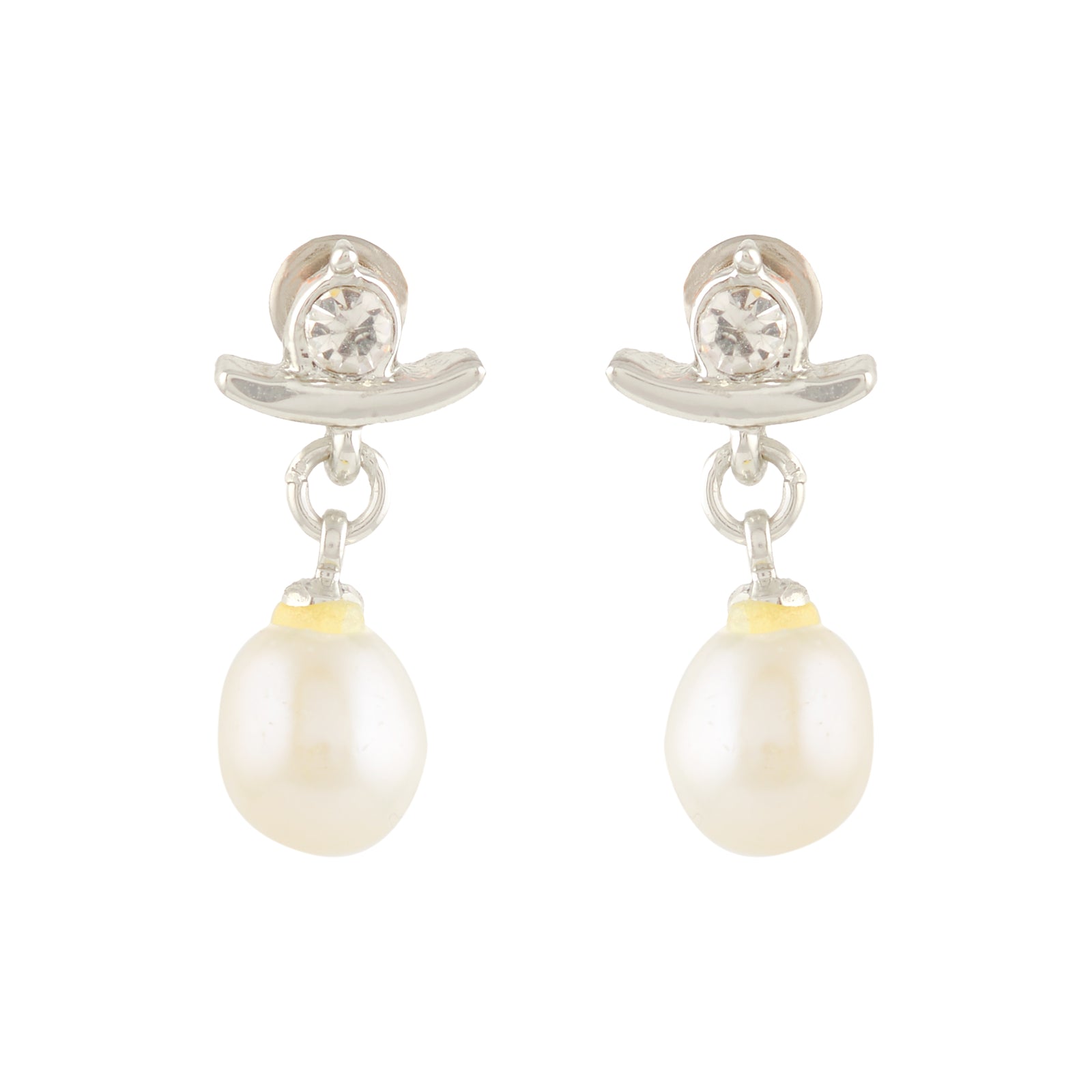 White Pearl & Stone Curved Drop Earrings
