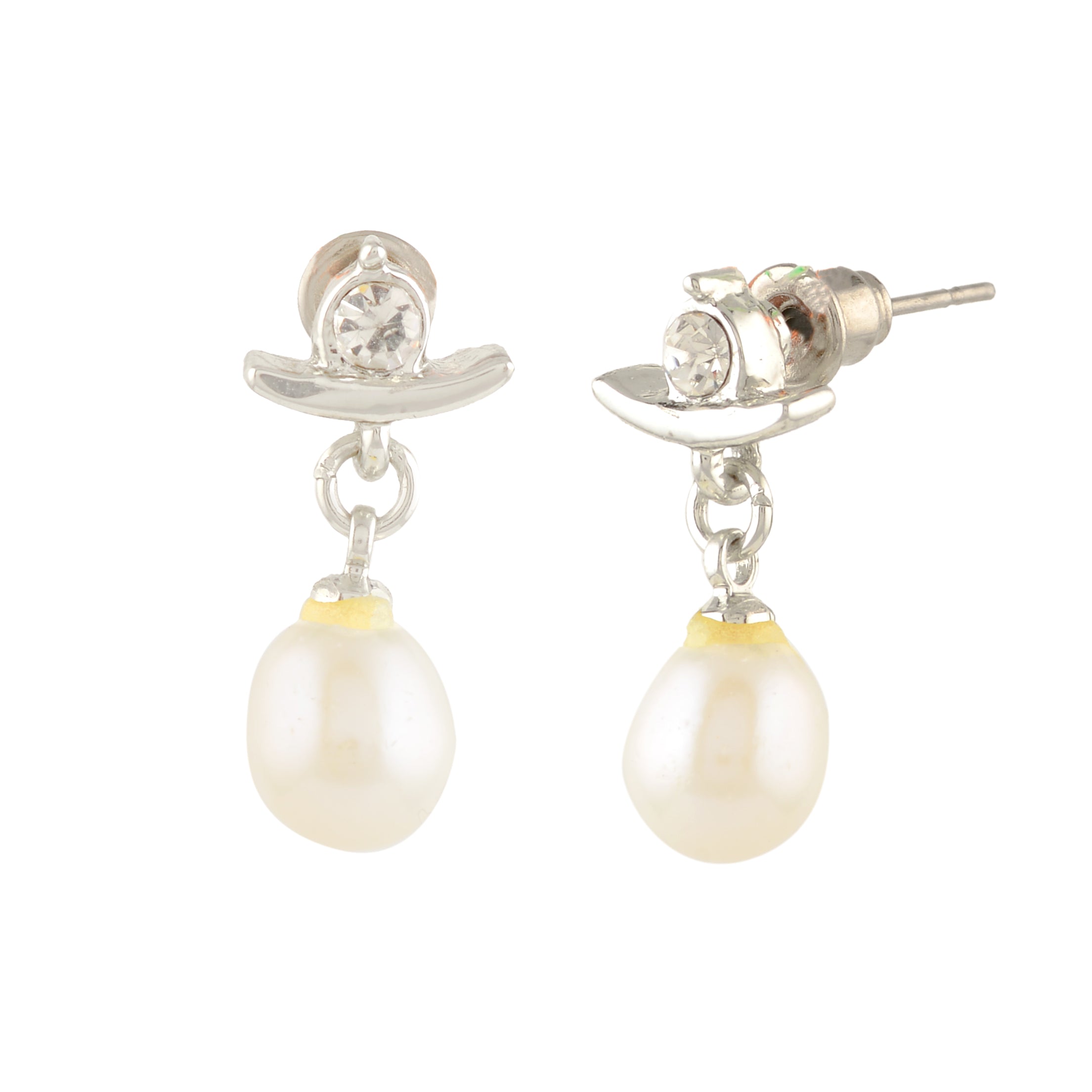 White Pearl & Stone Curved Drop Earrings