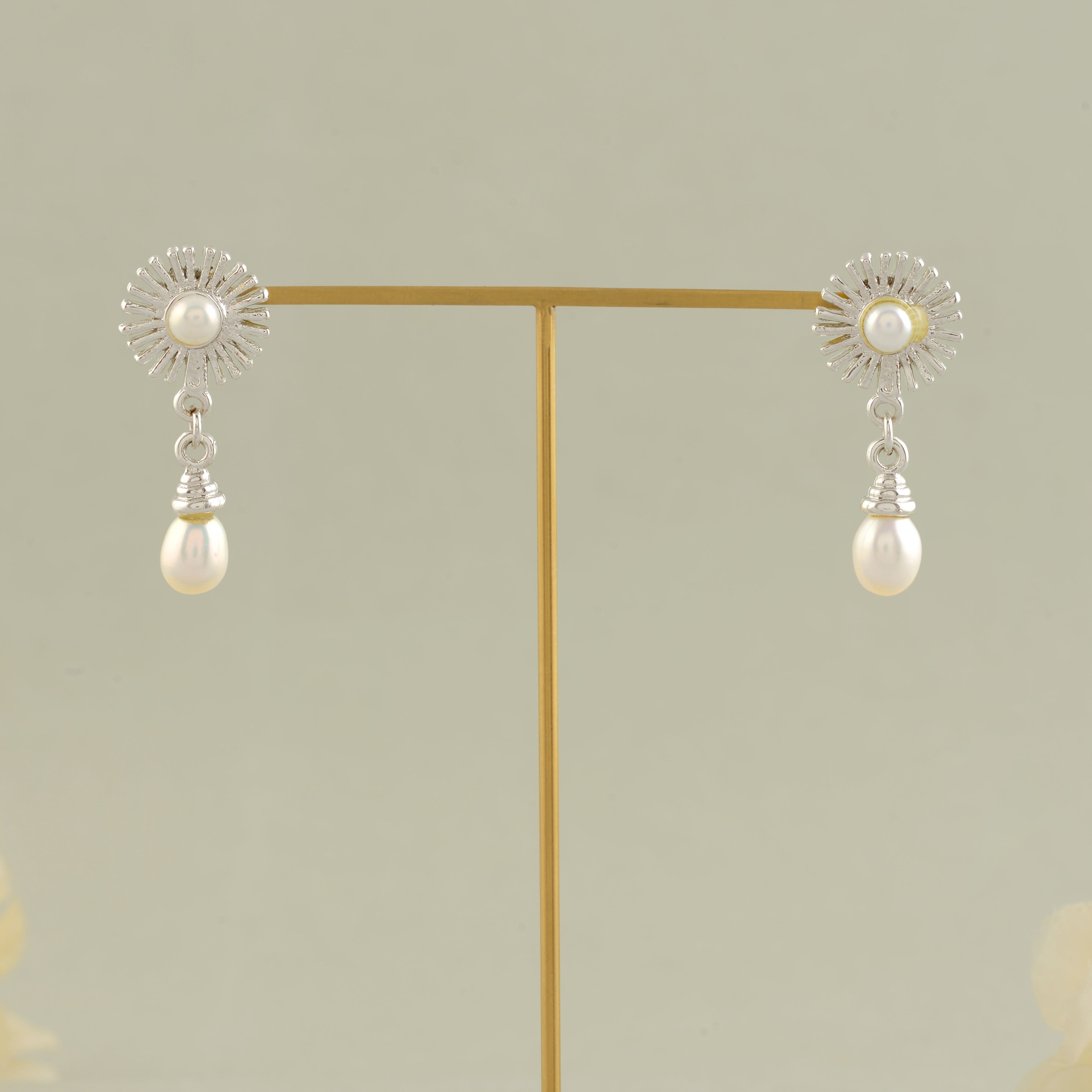 White Pearl & CZ Flower Silver Stud Earrings