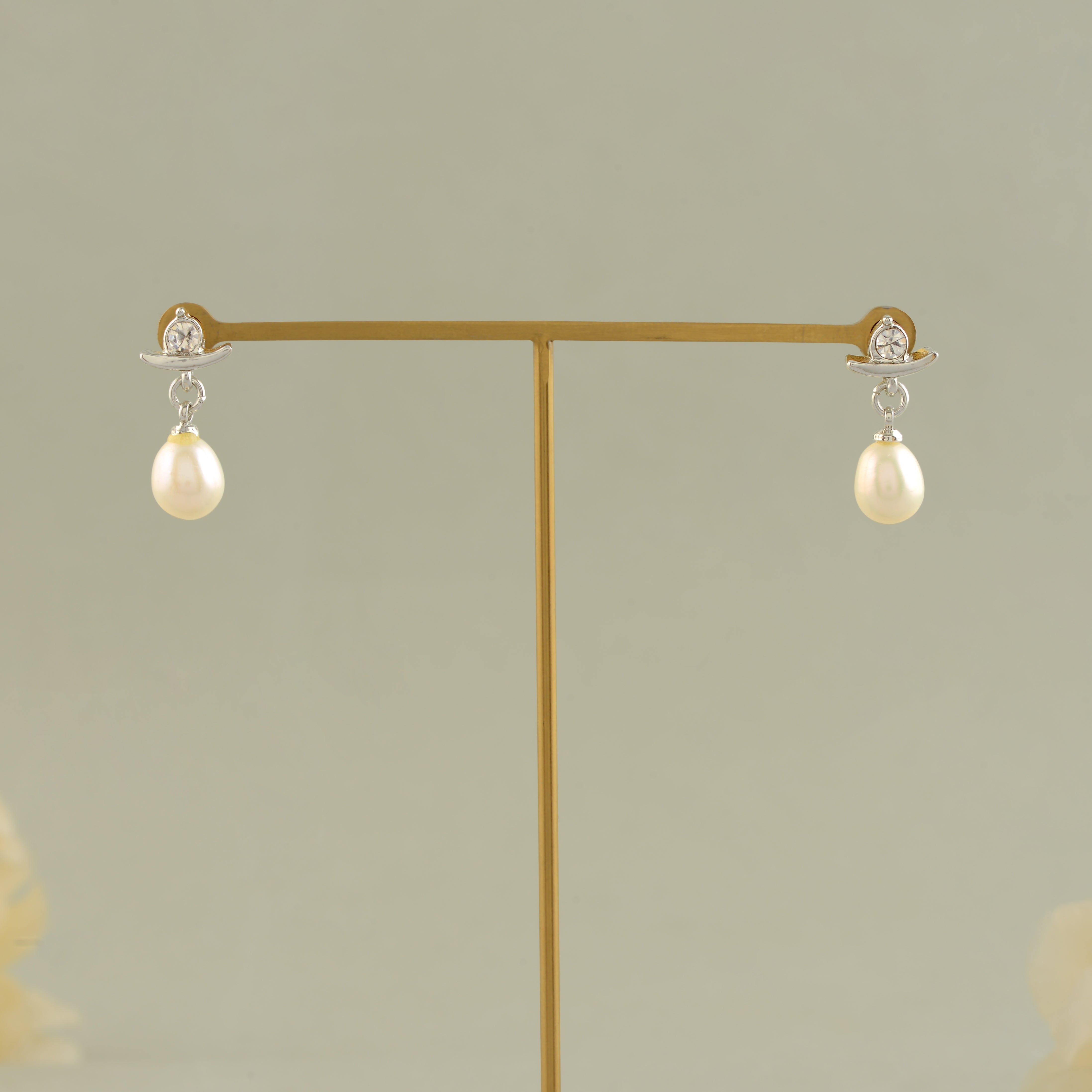White Pearl & Stone Curved Drop Earrings