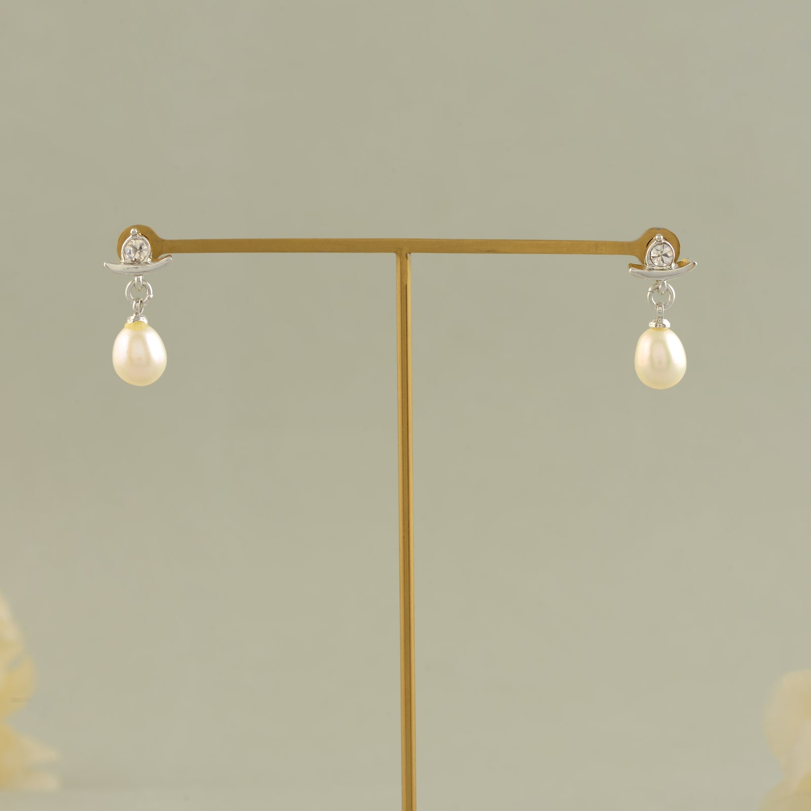 White Pearl & Stone Curved Drop Earrings